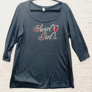 T-Shirt Women Swirl Girl Rhinestone Graphic Black Wine Girls Night Glam Size L